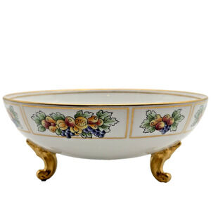 Antique T&V Limoges France Footed Bowl Hand Painted Fruit Grapes Gold Gilt 7.5"